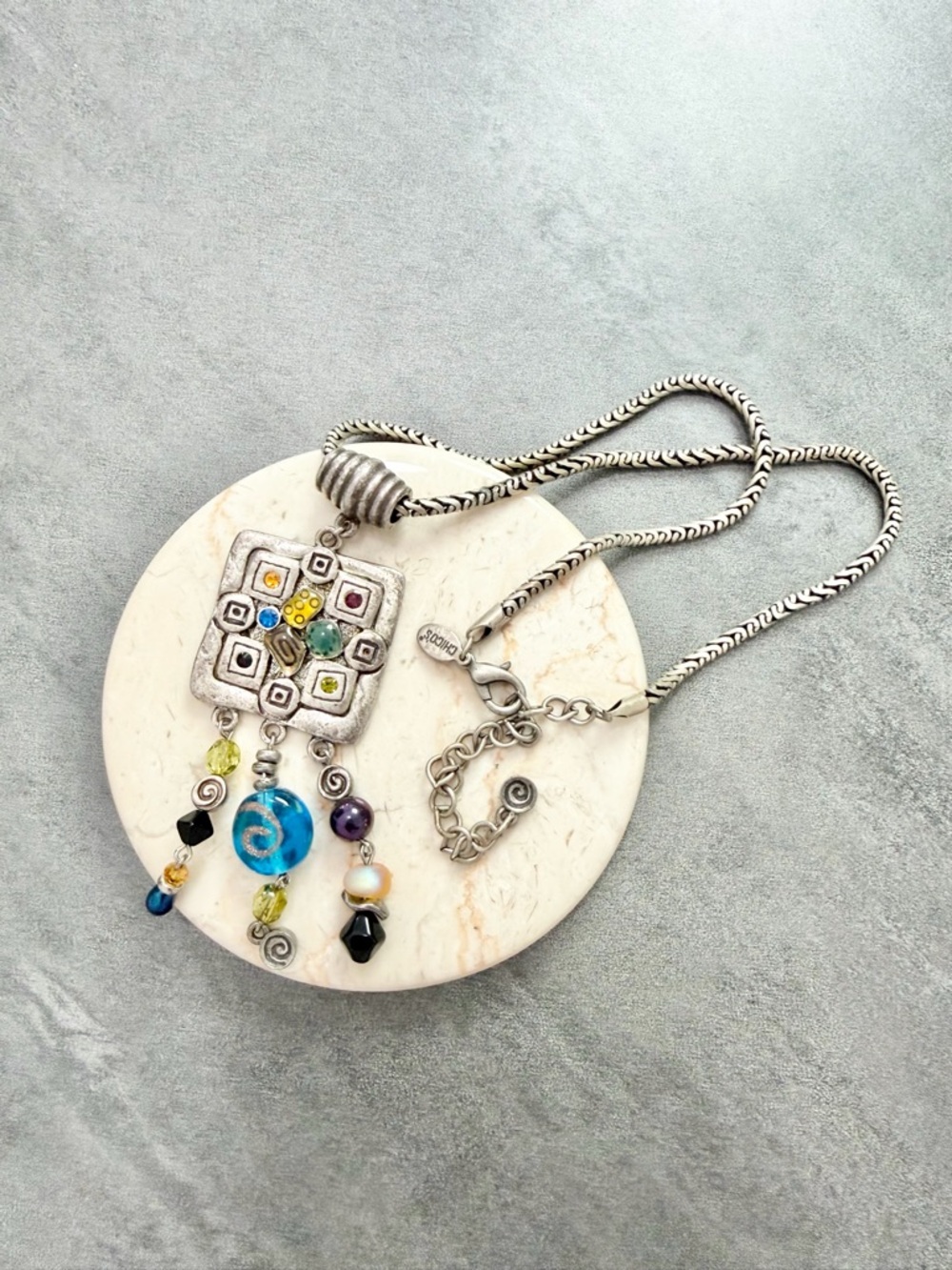 Chico’s Necklace Modernist Bohemian Silver-Tone Multi-Color Pendant Glass Bead